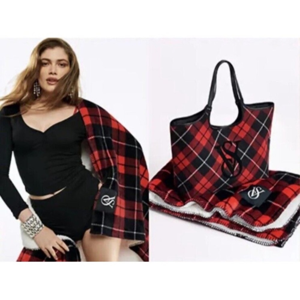 NEW Victoria Secret Red Black Tartan Plaid Tote Bag & Blanket Soft Warm Cozy
